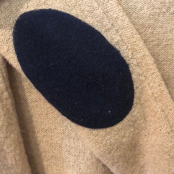 Tan cardigan with blue elbow patches. - Picture 4 of 4